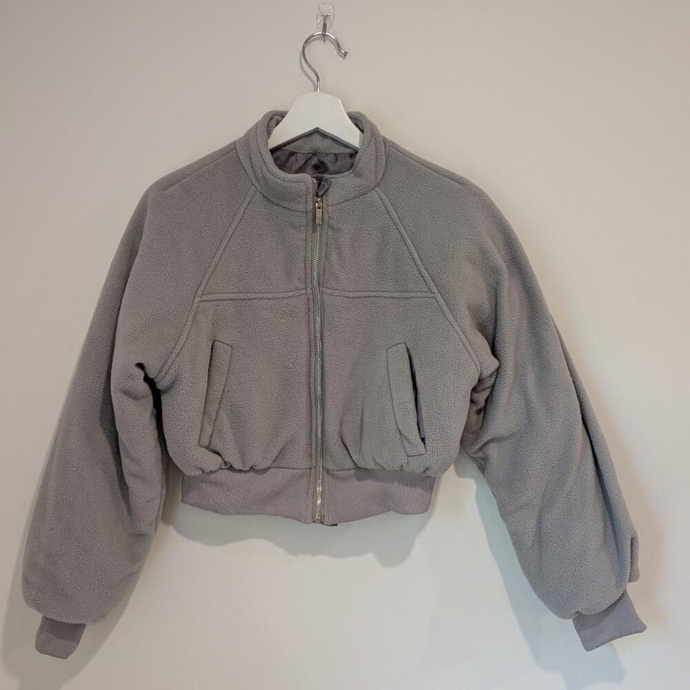 Gray Fleece Cropped Bomber Jacket XS Sporty Streetwear Casual Fall